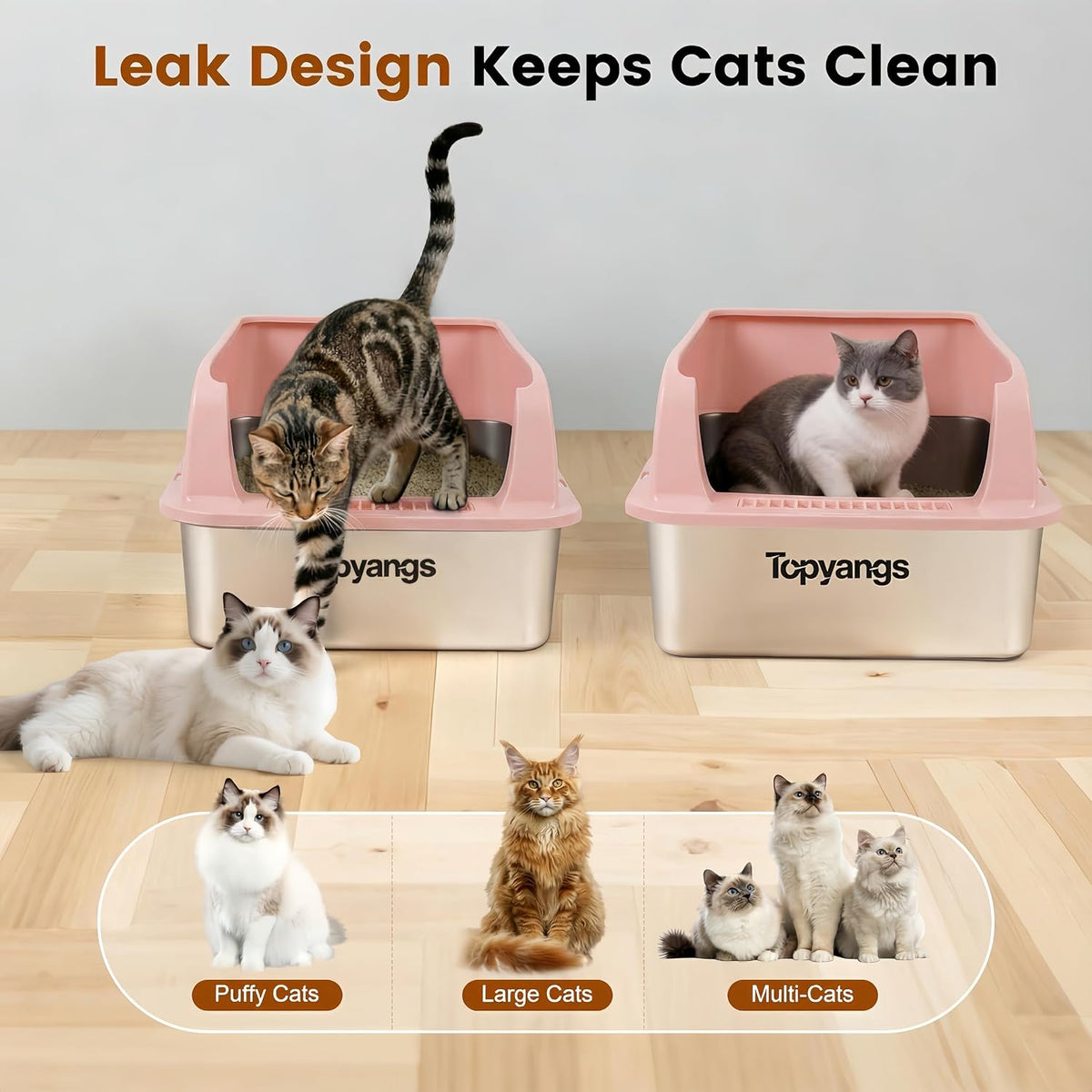 2 Pack Stainless Steel , Extra Large Litter Boxes for Big Cats, XL Metal Cat with Lid, High Sides, Anti-Urine Leakage, Non-Sticky, Scoop Included (Pink)