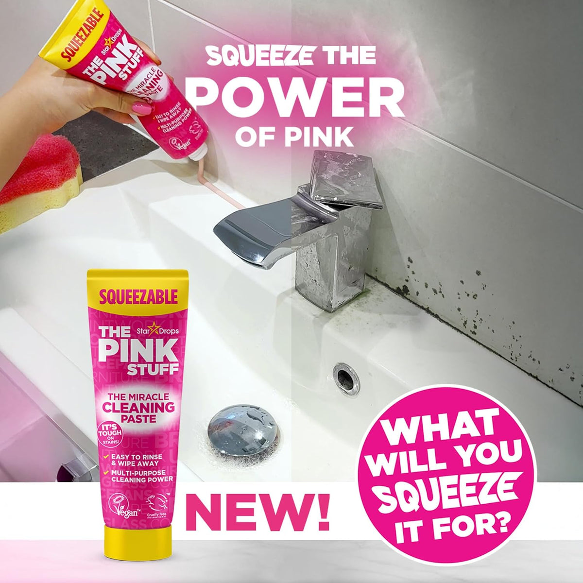 The Pink Stuff Miracle Multi Purpose Cleaner Spray, Squeezable Cleaning Paste & SQeeZY Scrubber Sponge | Multi Surface Household Cleaning Kit for Kitchen, Bathroom, Tiles & Appliances