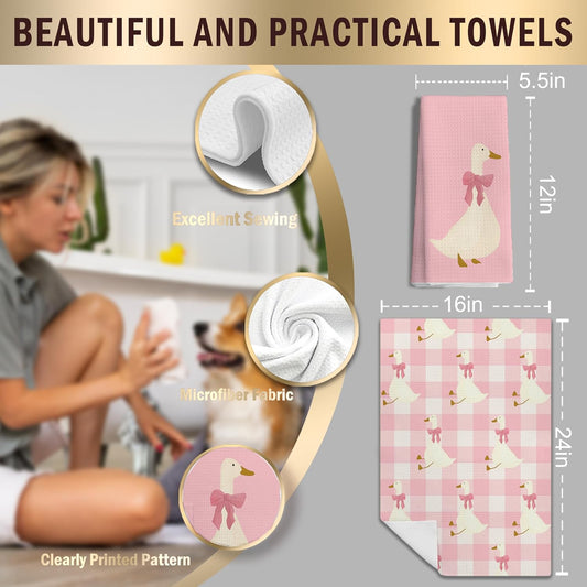 Coquette Pink Bow Plaid Goose Kitchen Towels Set of 2, Preppy Pink Checkered Dish Tea Towels for Kitchen Decor, Girly Aesthetic Goose Hand Towels for Bathroom Decor, 16x24 Inches