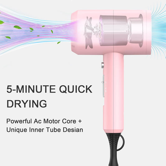 Professional Ionic Hair Dryer, Powerful 1800W Fast Drying Low Noise Blow Dryer with 2 Concentrator Nozzle 1 Diffuser Attachments for Home Salon Travel (Pink)