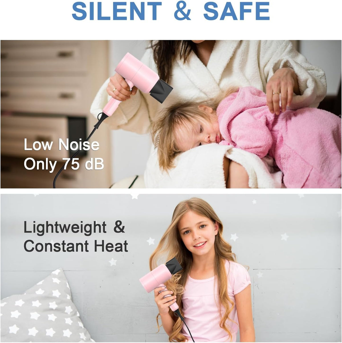 Professional Ionic Hair Dryer, Powerful 1800W Fast Drying Low Noise Blow Dryer with 2 Concentrator Nozzle 1 Diffuser Attachments for Home Salon Travel (Pink)