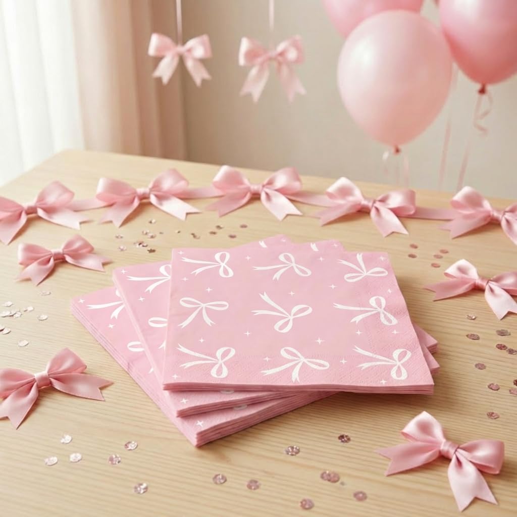 ArtSocket 100 Pcs Pink Bow Party Napkins 2 Ply Disposable Paper Napkins for Coquette Themed Party Decorations for Girls Baby Home Kitchen Birthday Party Supplies, 6.5 x 6.5 Inch