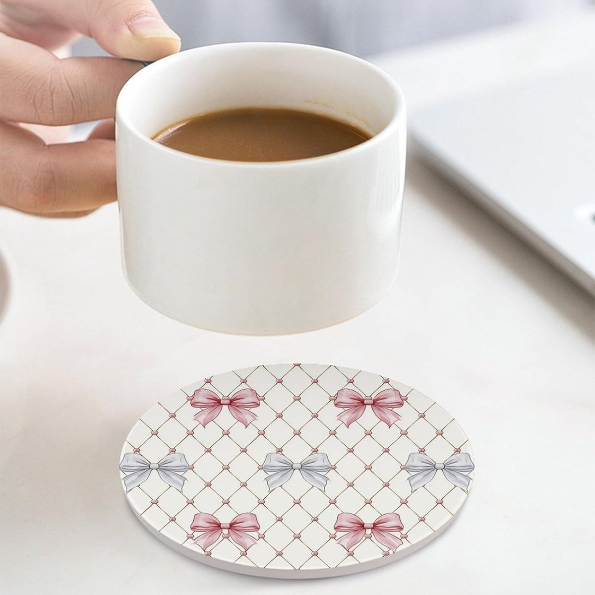 Pastel Pink and Light Blue Ribbon Bows Trellis Ceramic Coasters Set of 4 with Cork Back Absorbent Drink Coasters