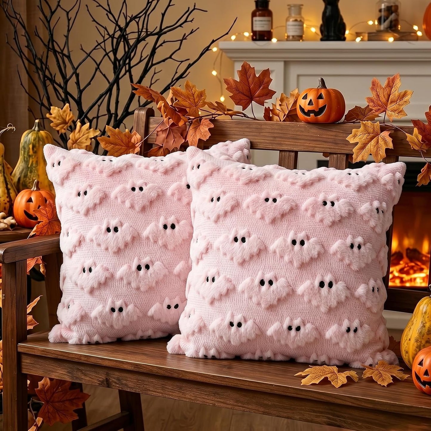 Halloween Pillow Covers 18x18 inch 2Pcs Pink Bat Halloween Decor