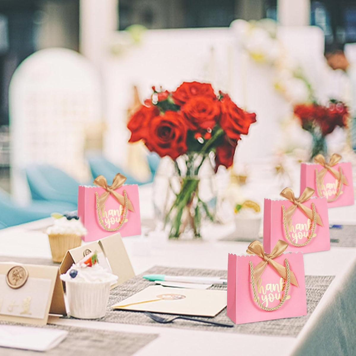50 Pack Small Thank You Gift Bags with Handles, Pink Mini Party Favor Bags 5.5''x 2.5''x4.7'', Mini Gift Bags Bulk with Bow Ribbon for Valentine's Day, Bridal, Wedding, Baby Shower