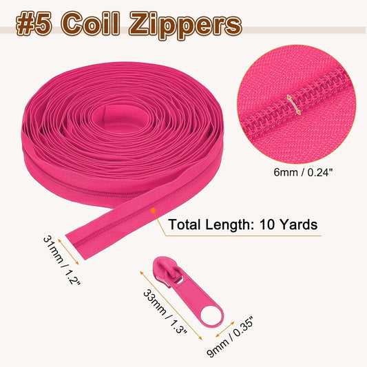 #5 Nylon Coil Zippers 10 Yards 1.2" Sewing Zippers Tapes Roll with 20 Replacement Zip Sliders for DIY Sewing Tailor Craft Supplies Bag Clothes, Rose Pink