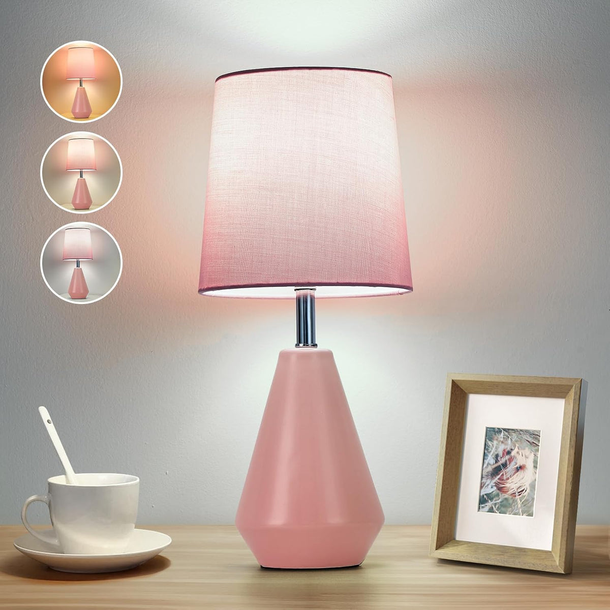 Small Bedside Table Lamp for Bedroom - Reading Desk Lamp with 3 Color Temperatures,15.5" Nightstand Ceramic Lamp with Fabric Shade for Kids Room,Living Room,Dorm,Home Office (Pink)