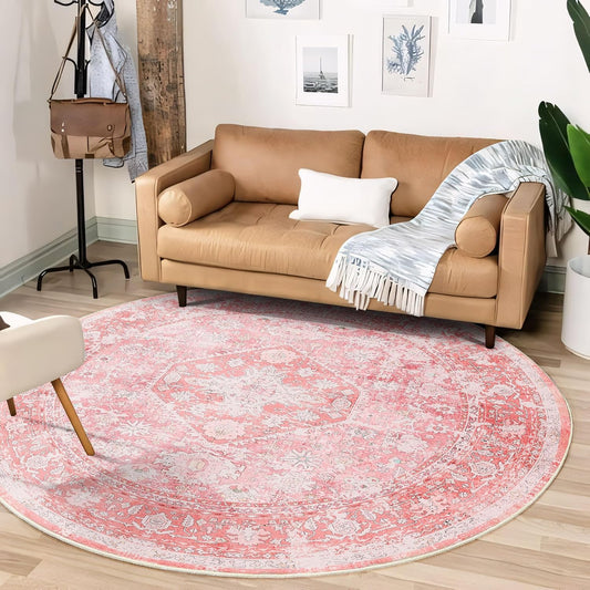 Round Rug 6ft Pink Washable Circle Area Rugs Low Pile Non Slip Floral
