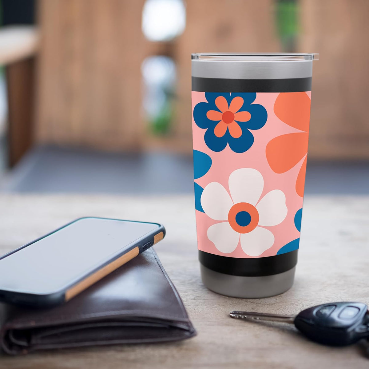 1970's Floral Pattern Blue White Red and Peach Stainless Steel Insulated Tumbler
