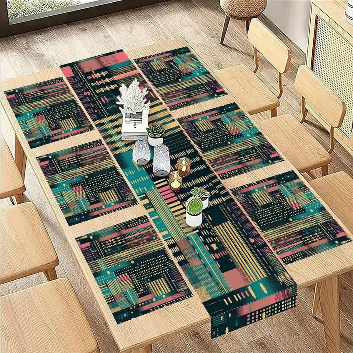 Peach Striped Pattern Placemats and Table Runner Set, Washable Linen Place Mats for Home Wedding Hotel Decoration (1 Table Runner and 6 Placemats)