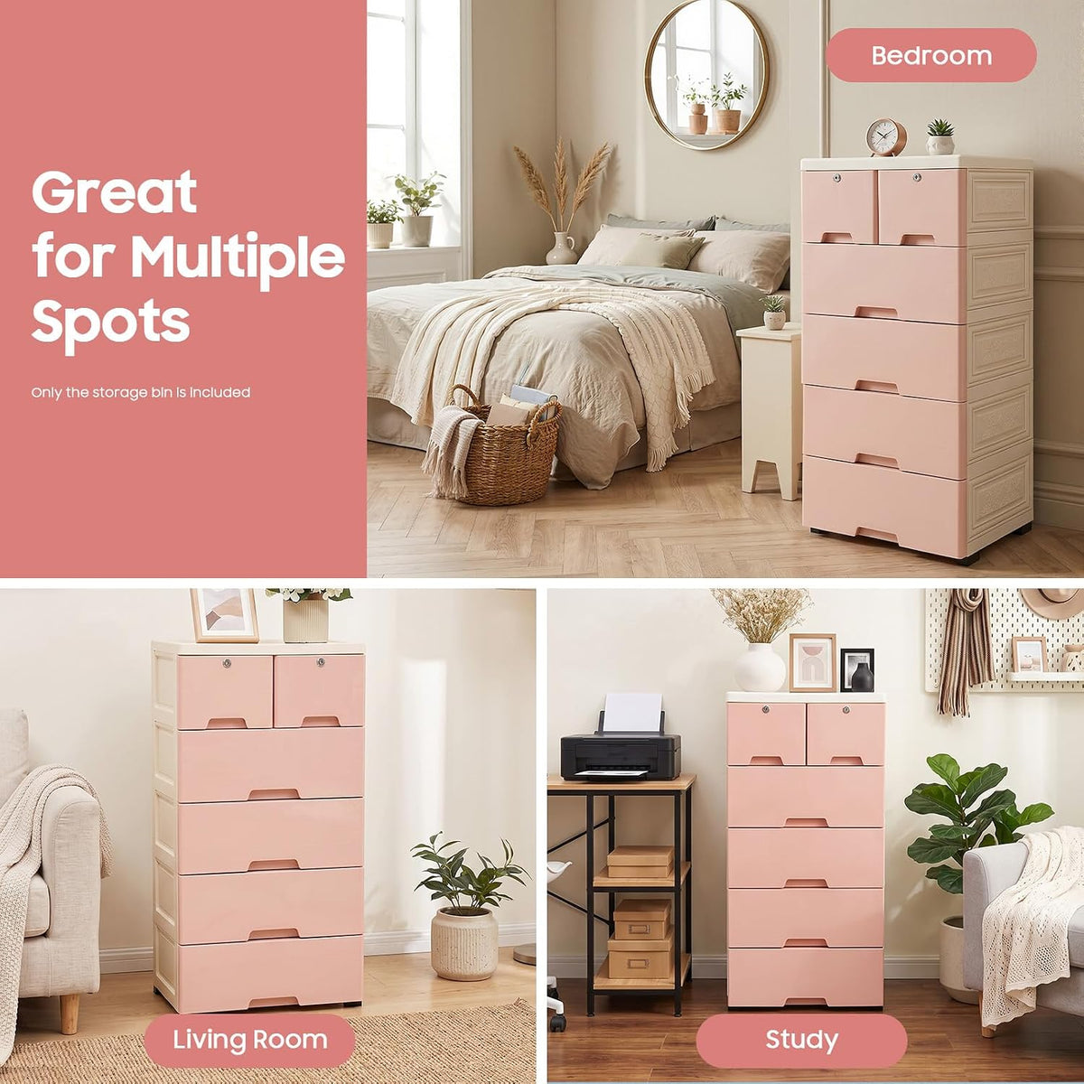 5 Layer Plastic Dressers with Drawers for Toys, 6 Drawers Plastic Drawer Storage Organizer, Storage Cabinet with Wheels and Locks, Movable Organizer Chest Closets, 40 * 19.7 * 13.8in (Pink)