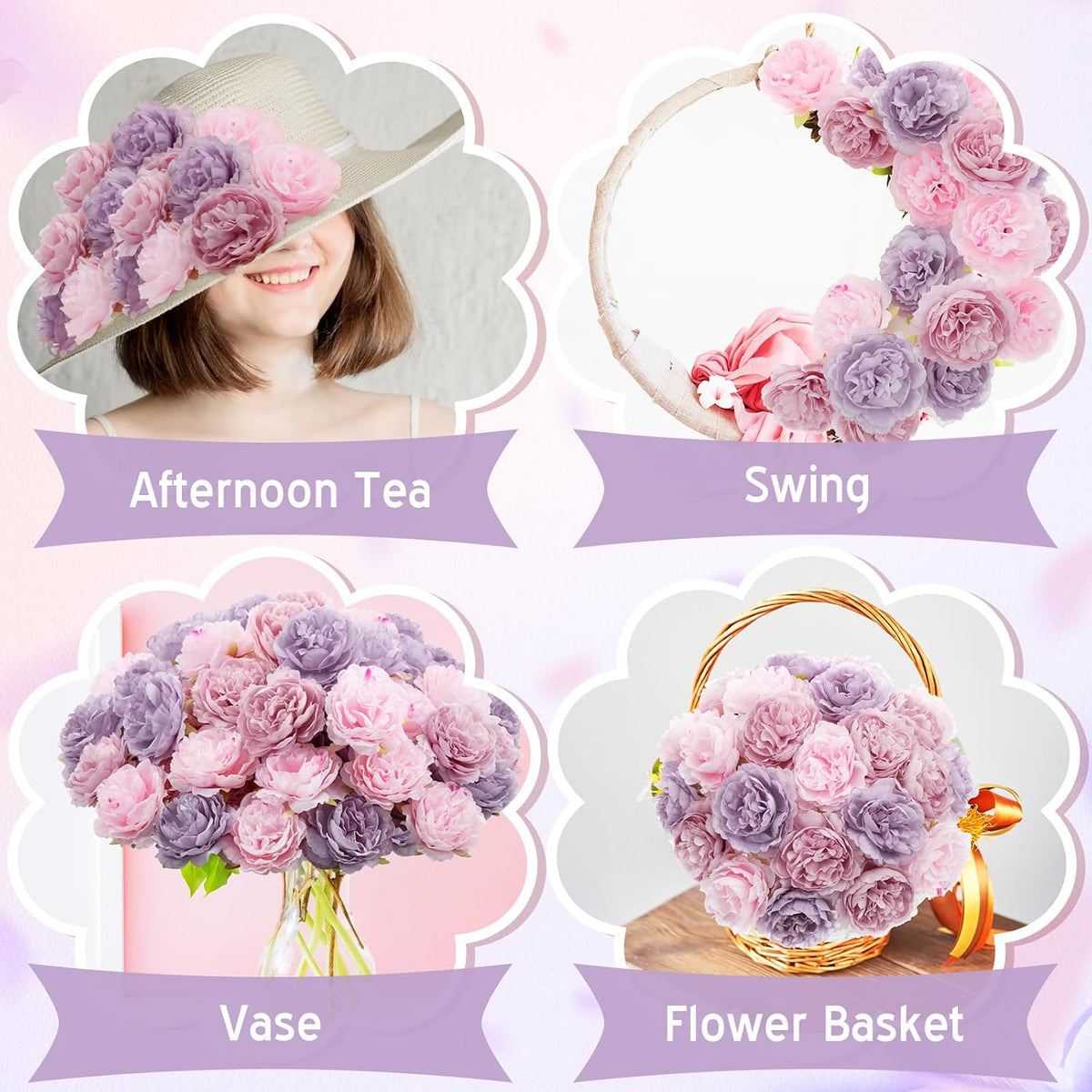 Thiccywoov 50 Pcs Silk Rose Heads Artificial Fake Flowers, Pink Purple