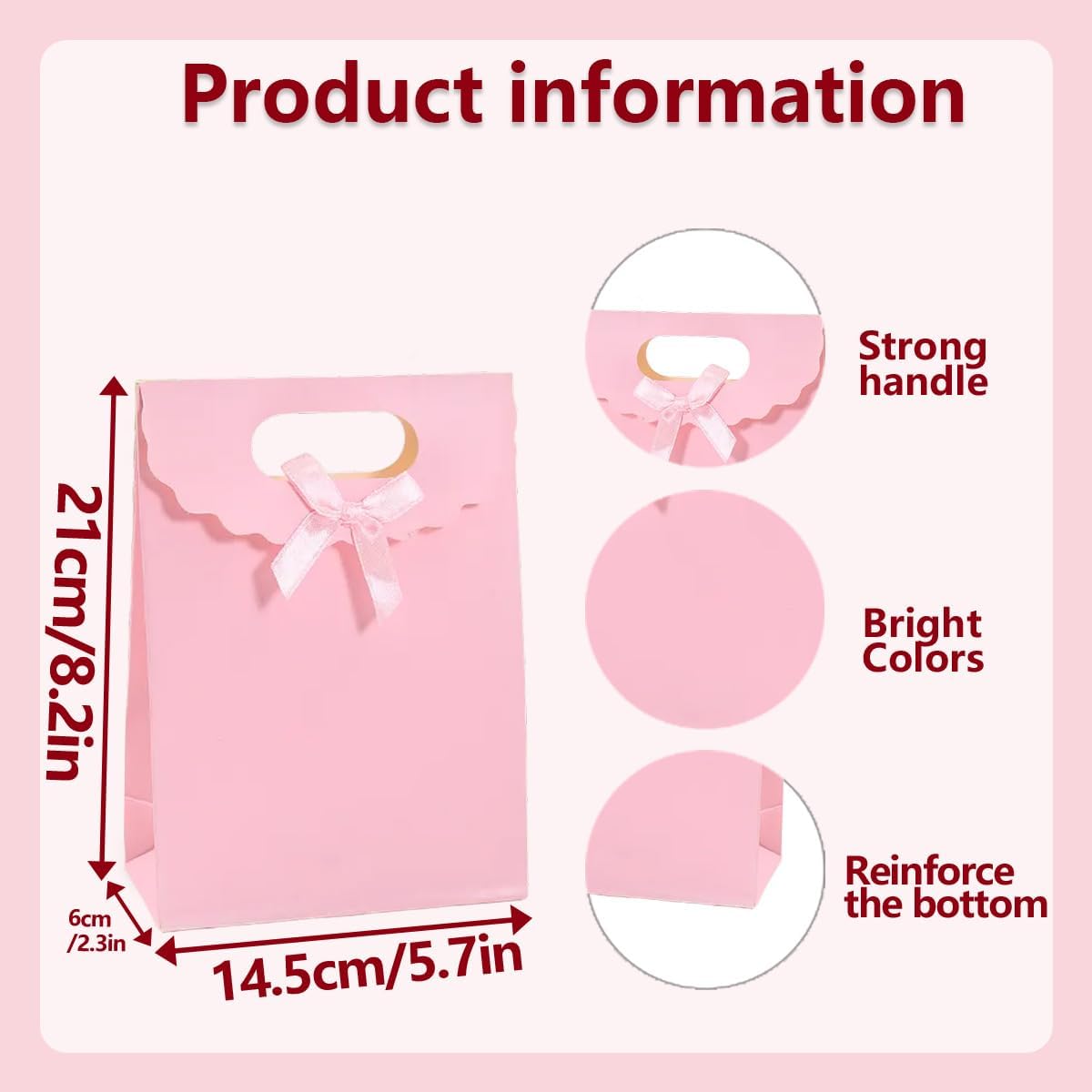 12pcs Pink Bow Gift Bags with Handles,Paper Flap Bags for Barbie Party Favors, Mothers Day, Weddings, Birthday Celebration, Baby Shower,Graduation,Valentine's Day,8.26×5.7×2.36inch