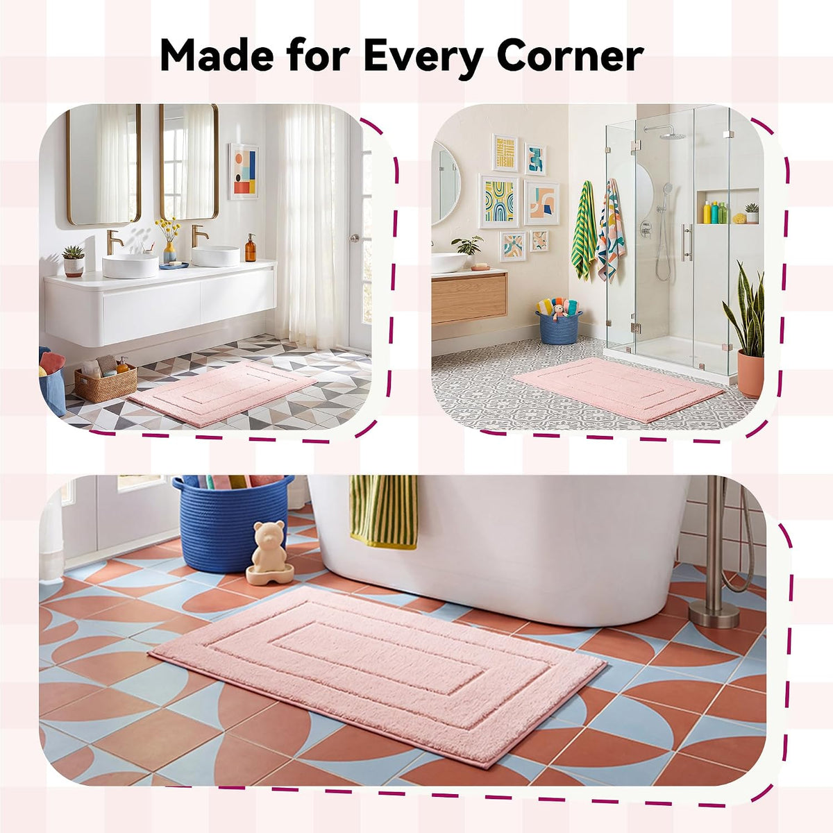 Pink Bathroom Rug 16" x 24", Non-Slip Microfiber Bath Mat