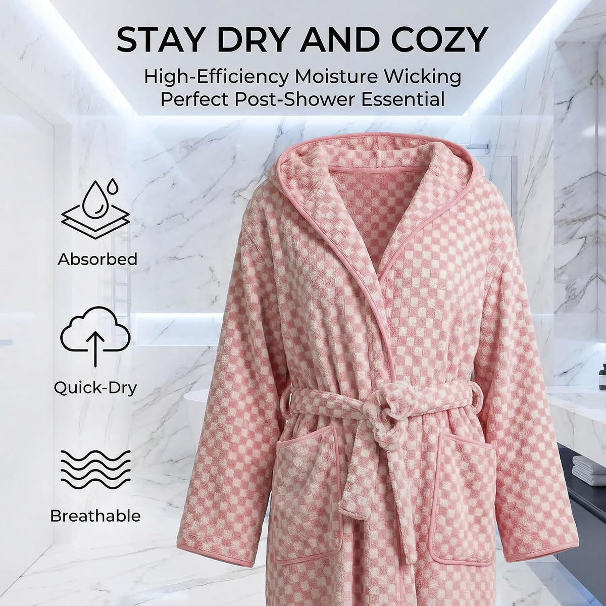 Checkered Hooded Bathrobe for Women, Lightweight Microfiber Towel Material Quick Dry Soft Absorbent Y2K Trendy Robe