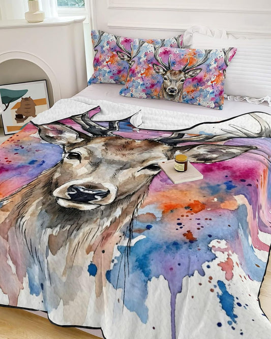 Quilts Twin XL Size, Elk Soft Comforter Bedding Set for Bed, Pink Purple Blue Watercolor Splashes Splatter Animal Lightweight Quilted Bedspread with Pillow Cover(2 Pieces) for All Season, 68x98 Inch