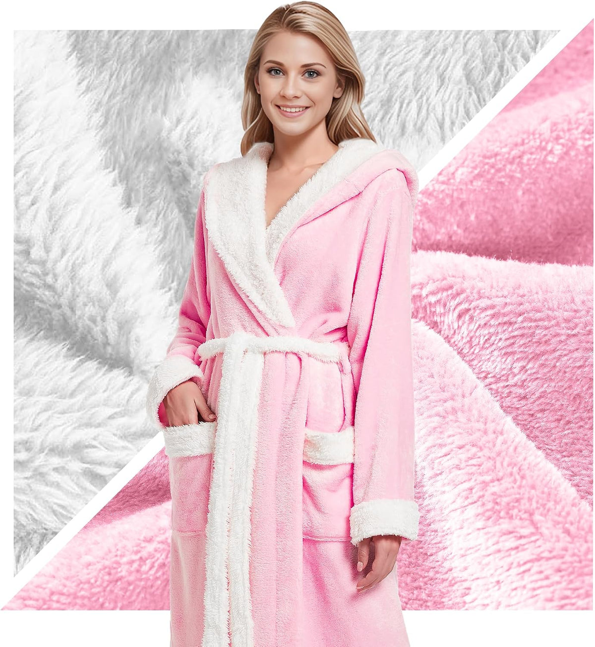 Women Hooded Plush Robe, Fleece Highly Absorbent Cozy Warm Bathrobe