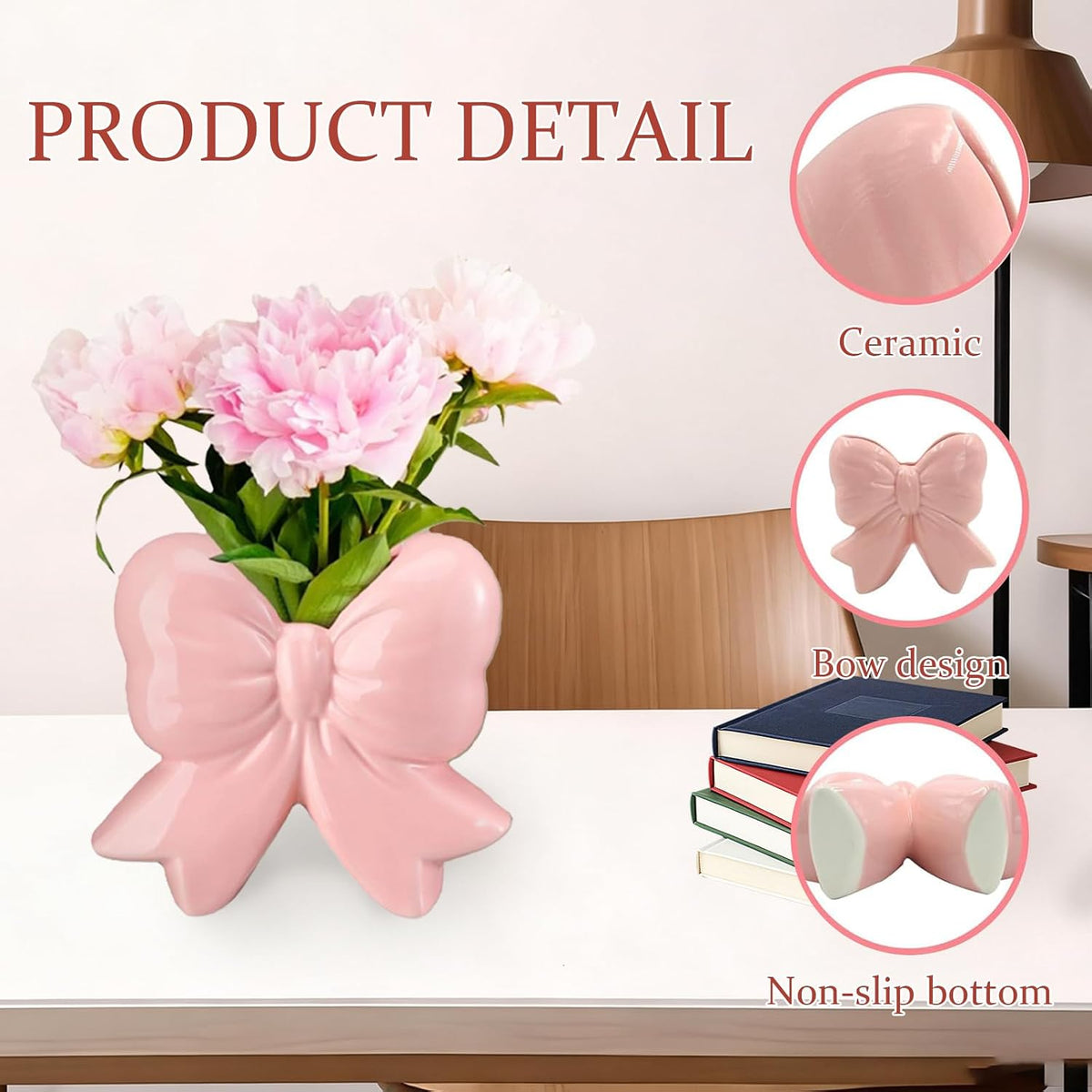 Pink Bow Ceramic Vase Contemporary Design Decorative Pink Bow Decor Vase Pen Holder Makeup Brush Holder Women Gift for Mother's Day Home Office Shelf Table Living Room