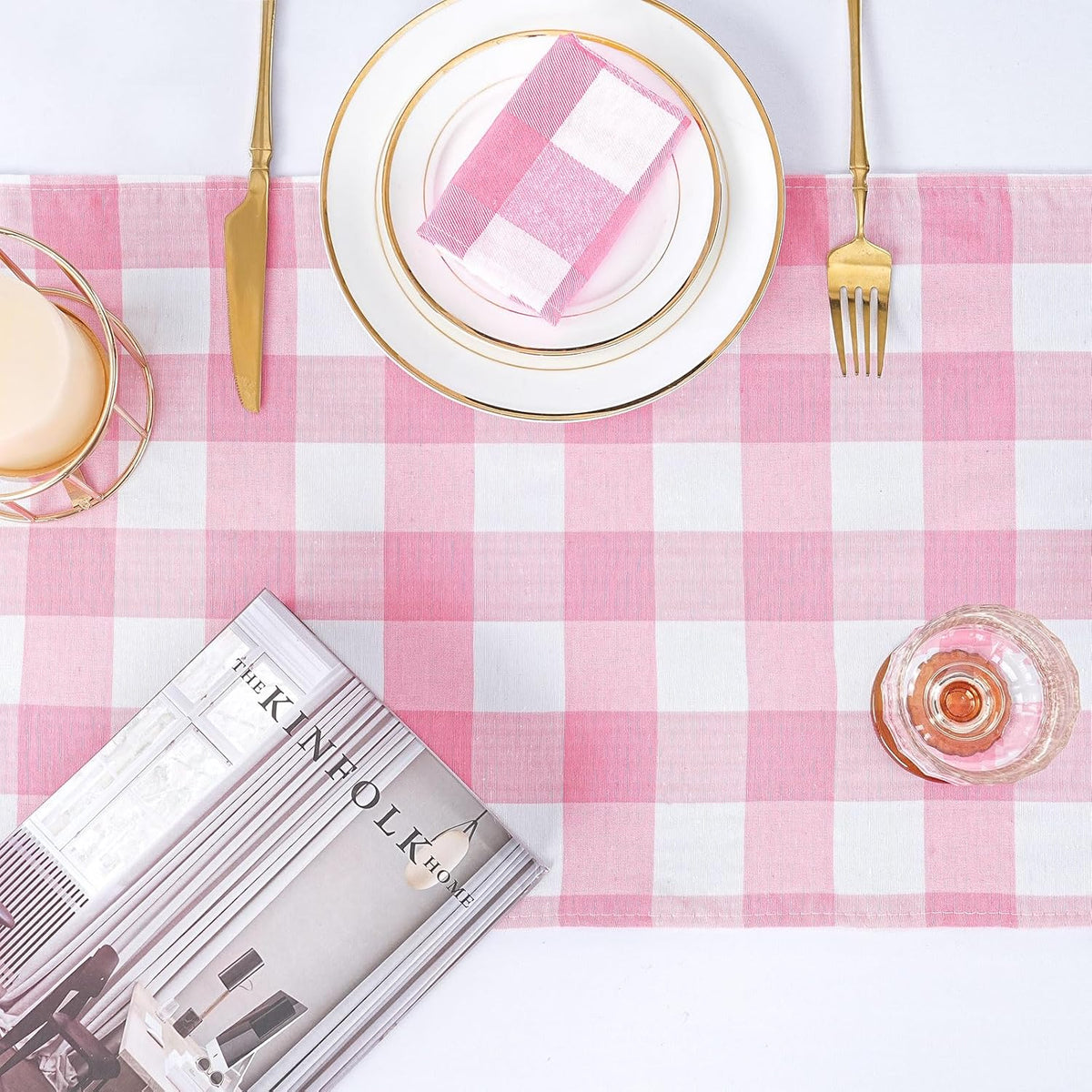 Pink Plaid Table Runner Checkered Fabric Cover 13x108 Inch 2 Packs