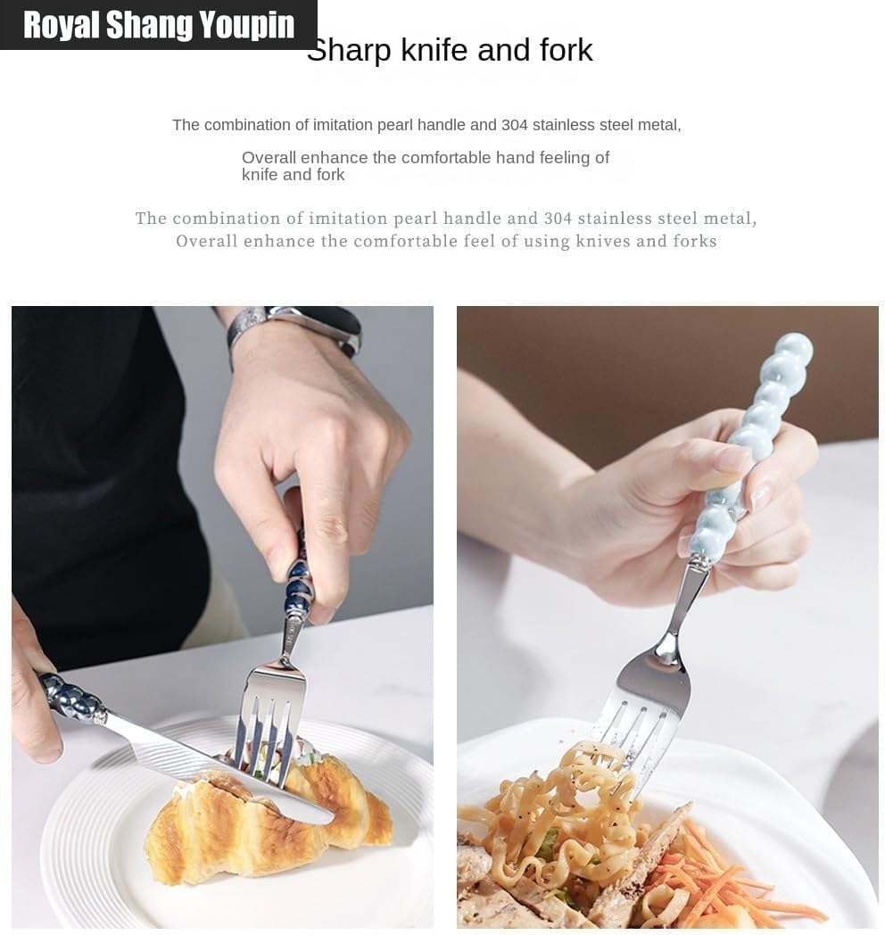 Pearl Ceramic Handle Kitchen Stainless Steel Silverware Tableware Flatware Cutlery Set Creative Hotel Home Steak Knife Dessert Spoon (Pink,4 pieces)