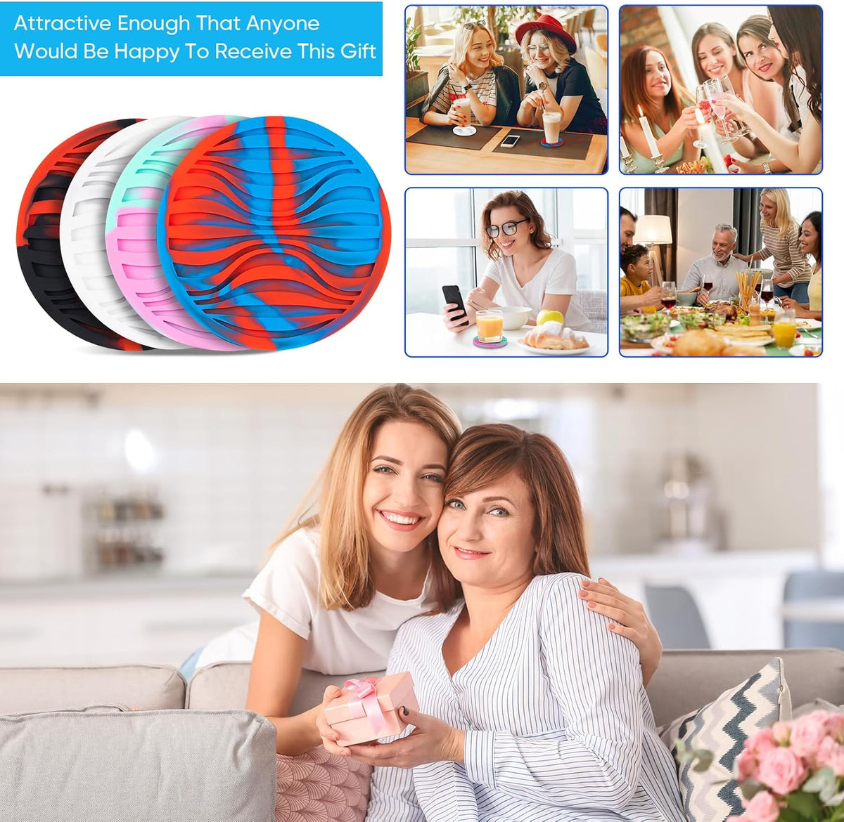 6 Pack Rubber Drink Coasters Plastic Coaster with Holder, Silicone Cup Mat