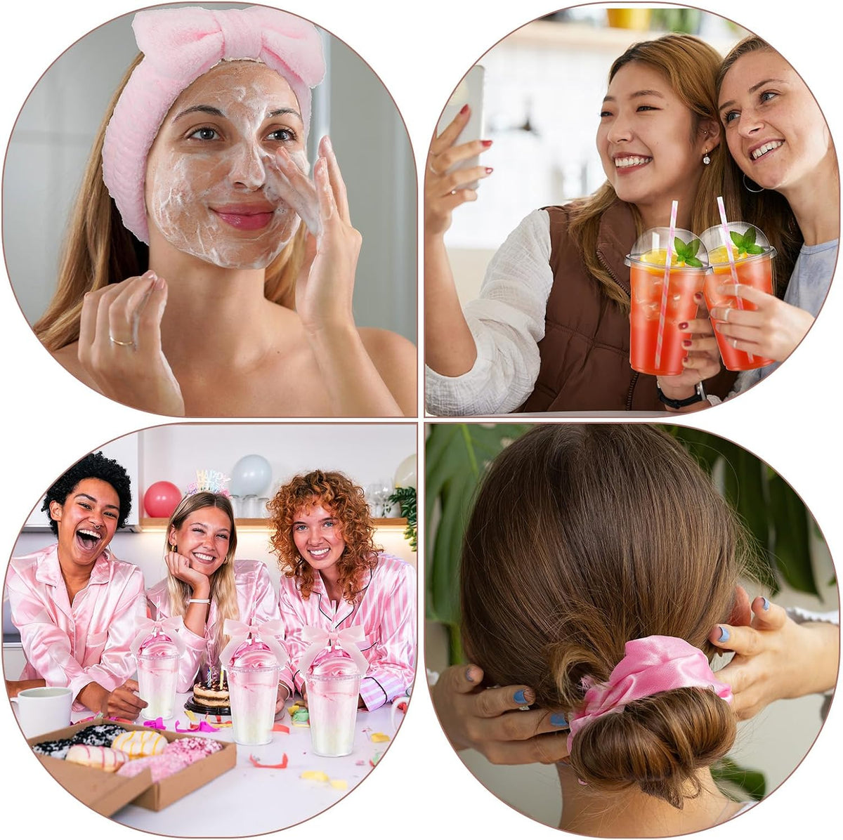 56 Pcs Spa Sleepover Party Supplies Including Headband Sleep Eye Mask Velvet Scrunchies Bath Loofah Sponges Plastic Cup with Lids Straws for Girls' Night Birthday Party (Pink)
