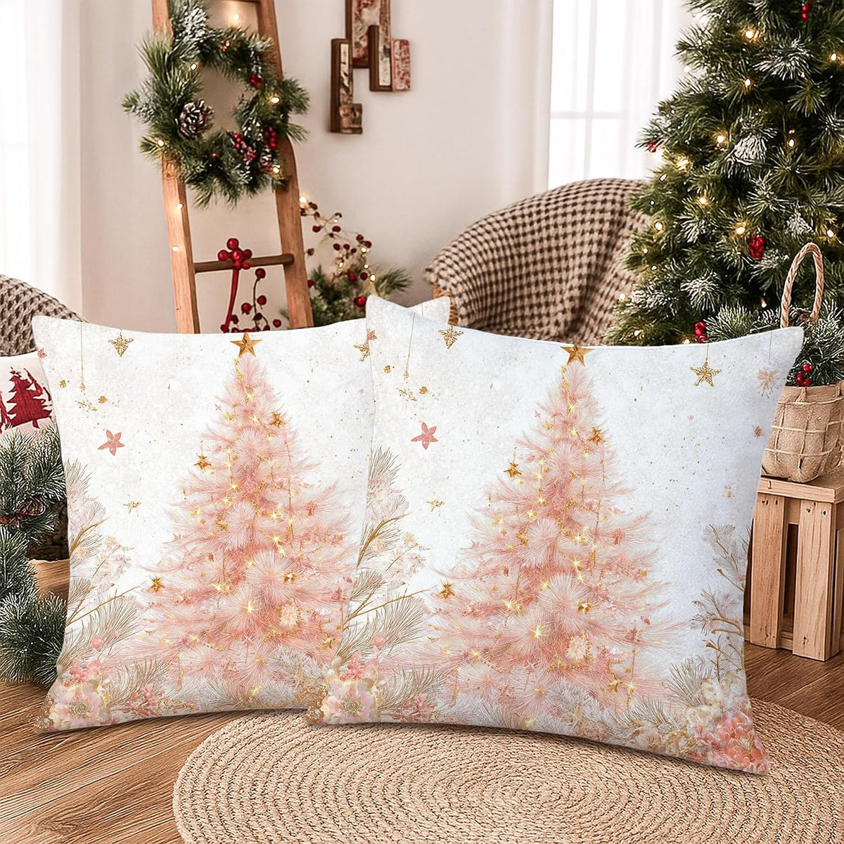 Christmas Tree Throw Pillow Covers, Festive Fanciful Stars Flowers Xmas Peach Soft Velvet Washable Couch Pillow Covers for Living Room Bed Office Sofa Chair Decor 22x22 Inch