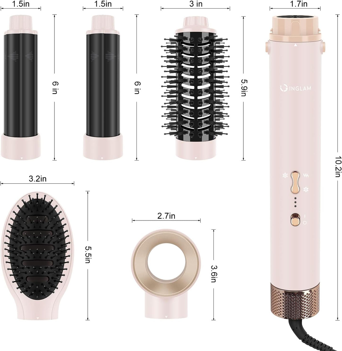 IG MegaAIR Styler, 5 in-1 Professional Interchange Hair Dryer Brush 110,000 RPM Brushless BLDC Motor Ionic Hot Air Styler Volumizing and Shape, Pink
