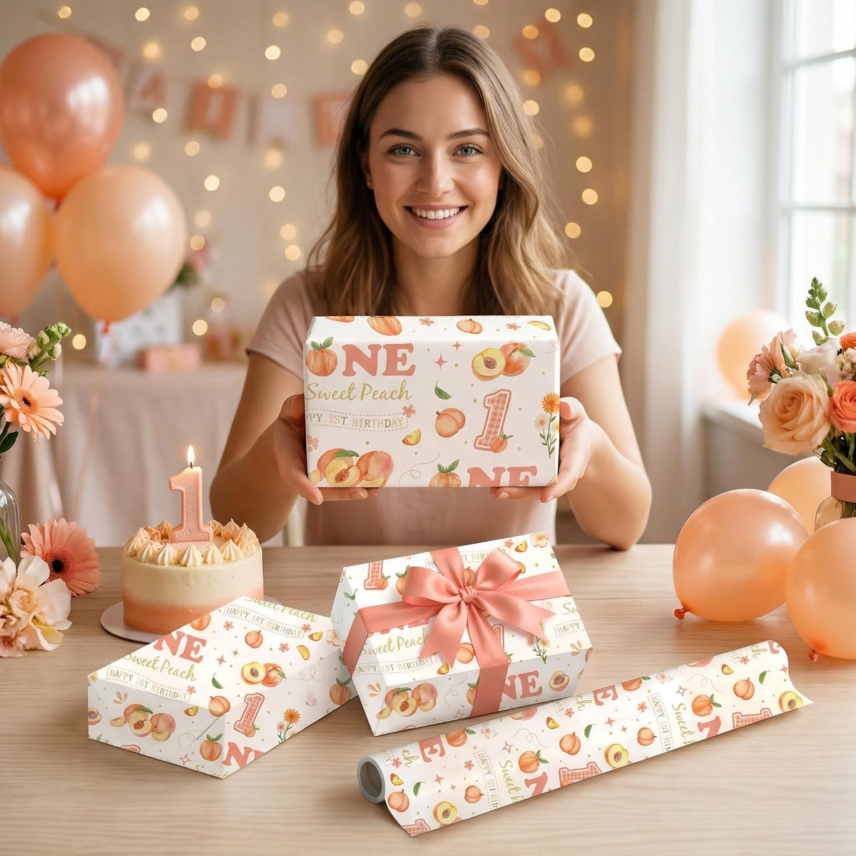 Peach 1st Birthday Wrapping Paper Roll for Girls, Peach Sweet Age One Gift Wrap Paper, Pink Fruit 1 Year Old Gift Art Packing Paper for Baby Shower First Birthday Party, 17Inch x 16.5Feet