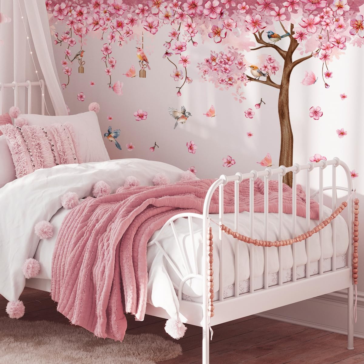 Pink Cherry Blossom Tree Wall Decals, Pink Floral Birds Butterflies Wall Stickers for Girls Bedroom Playroom Nursary, 59x35 inch