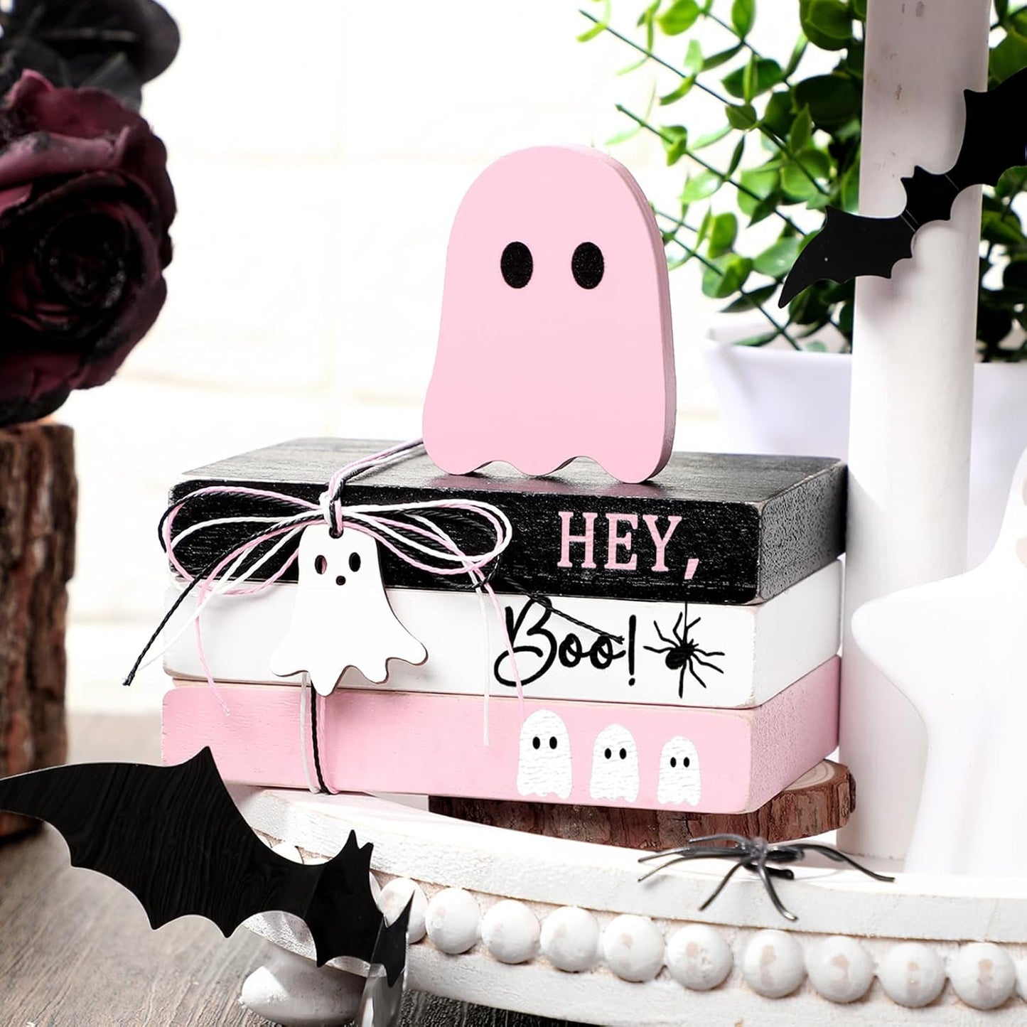 4 Pcs Halloween Ghost Table Decorations Spooky Wooden Signs,Pink
