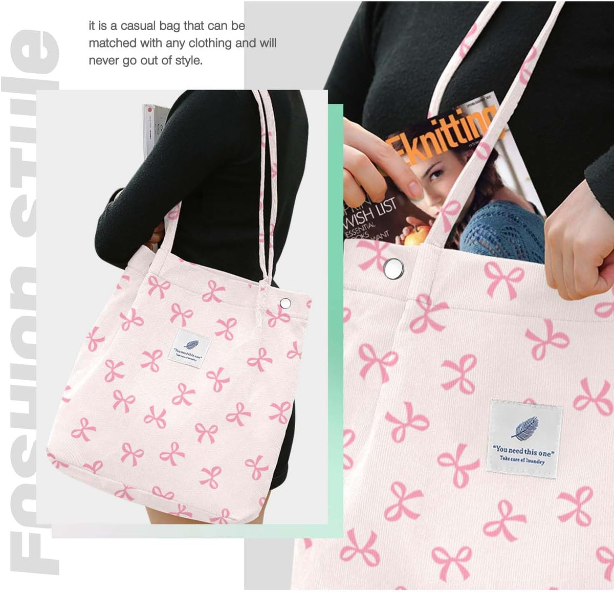 Corduroy Tote Bags for Women, Large Capacity Tote Purse Reusable Grocery Shoulder Bag with Inner Pockets