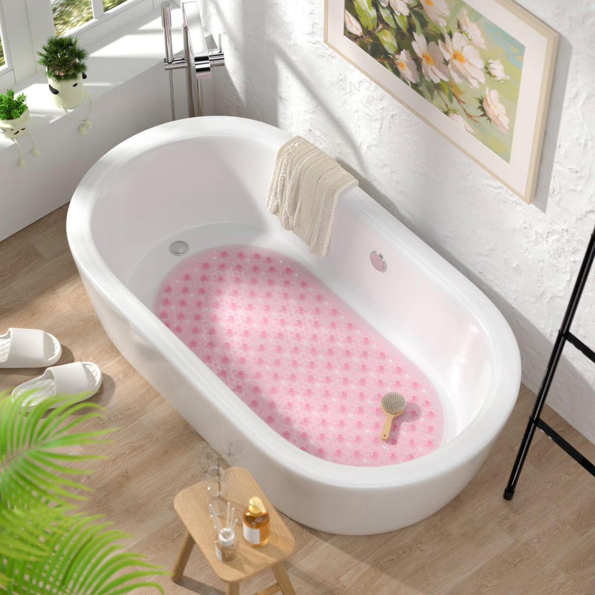Oval Bath Mat for Tub, 27x15 Inch Bubble Bathtub Mat Non Slip, Machine Washable Bathroom Shower Mat with Drain Holes and Suction Cups, Bathroom Accessories Pink