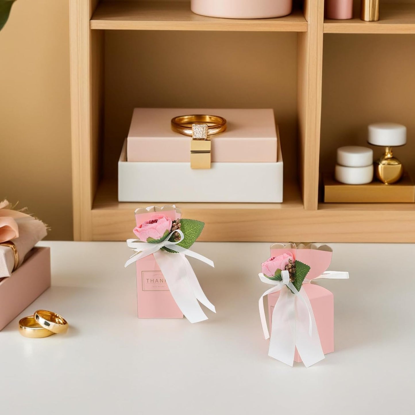 Healifty 12pcs Pink Flower Wedding Treat Boxes with Bow Ribbon Decorative Candy Packaging for Birthday Party Favors and Wrapping