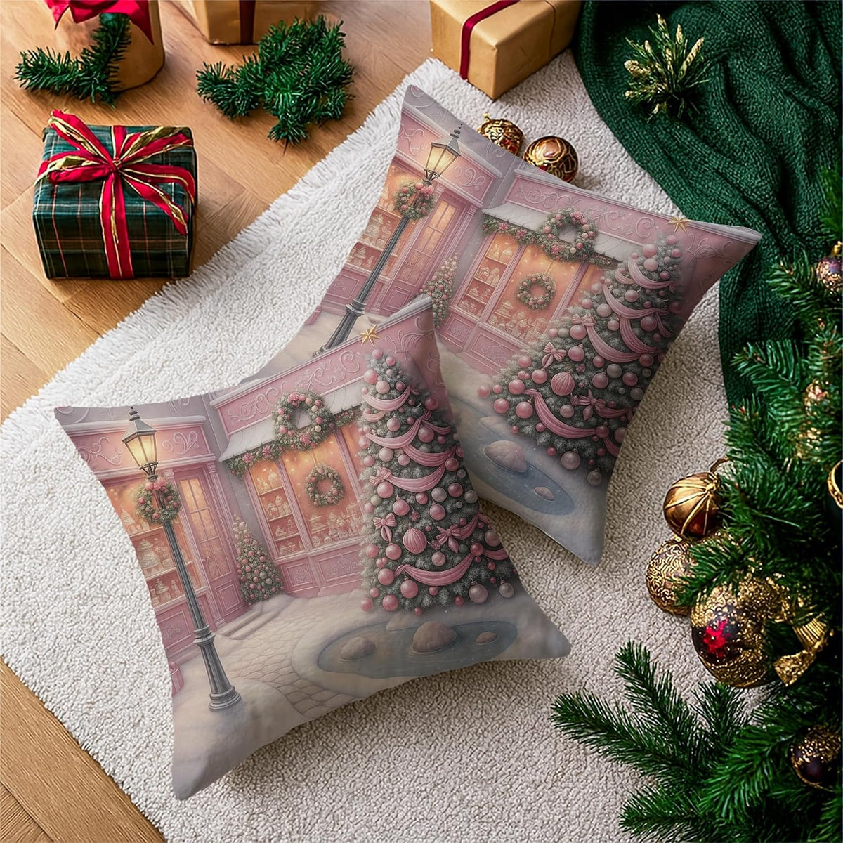 Christmas Throw Pillow Covers Set of 2, Peach Holiday Decor Cushion Cases, Festive Decorative Square Covers for Home Sofa Bed Couch 16x16 Inch