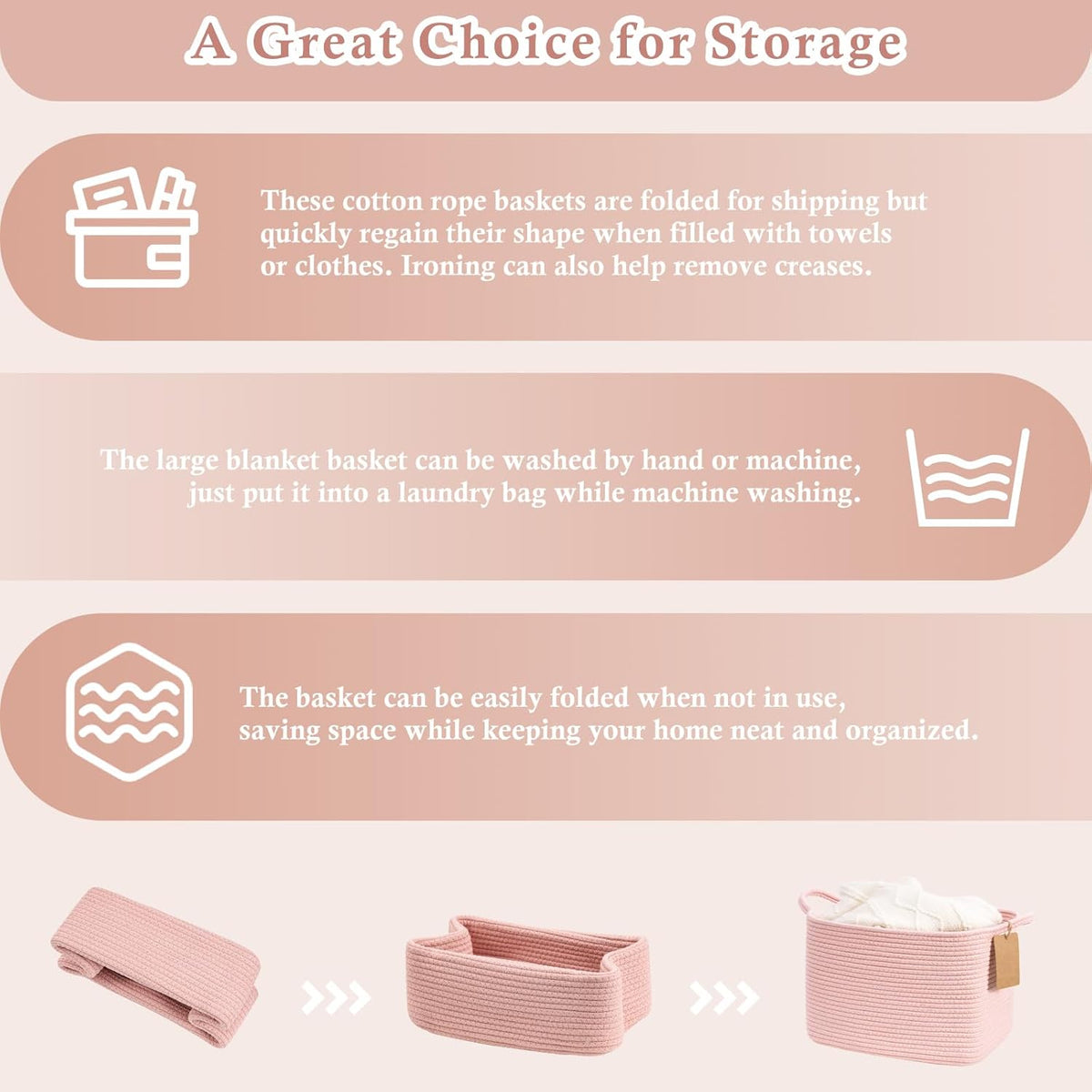 Woven Rope Storage Basket for Shelves, Rectangle, Pink