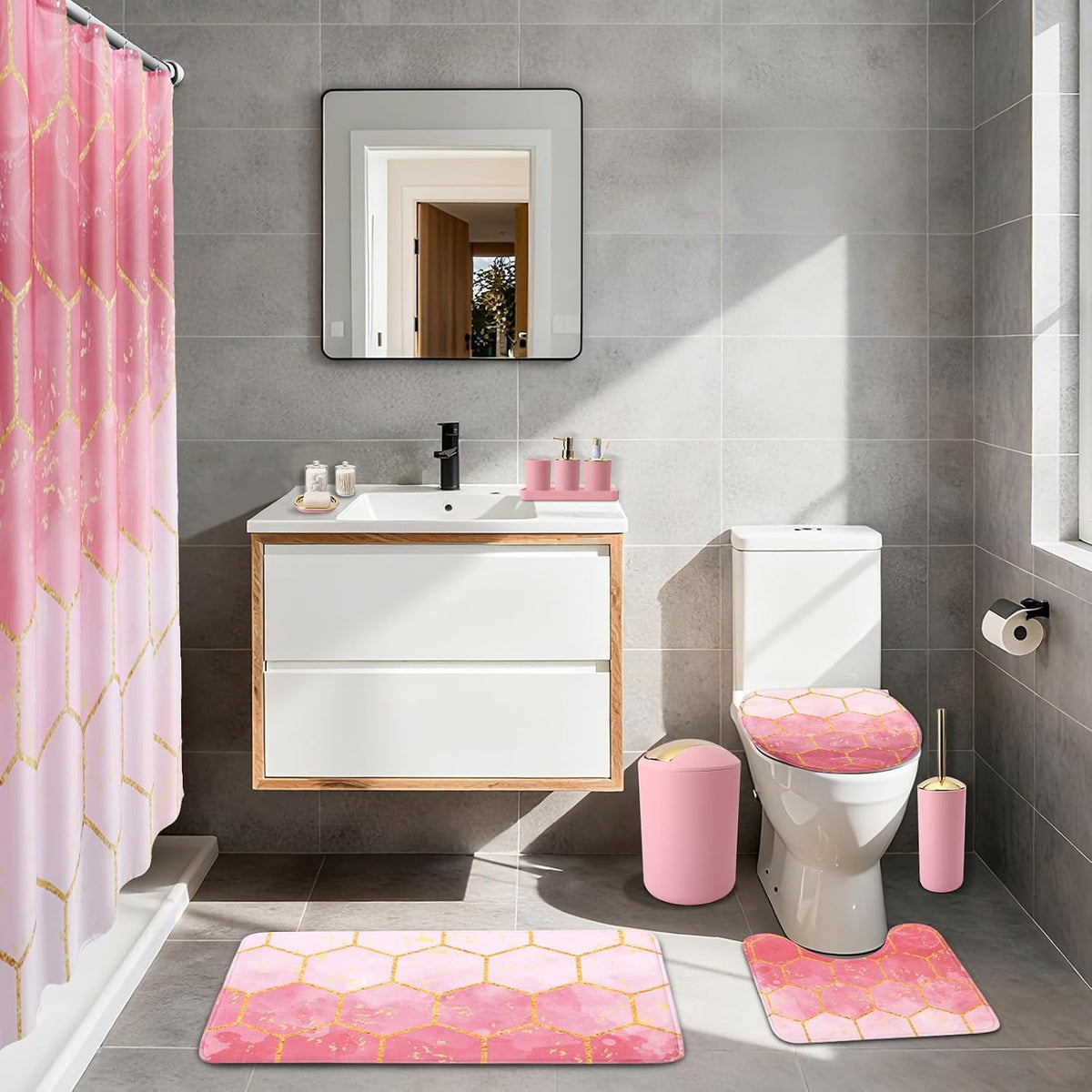 25 Pcs Pink Bathroom Accessories Set with Shower Curtain, Rugs & Trash Can