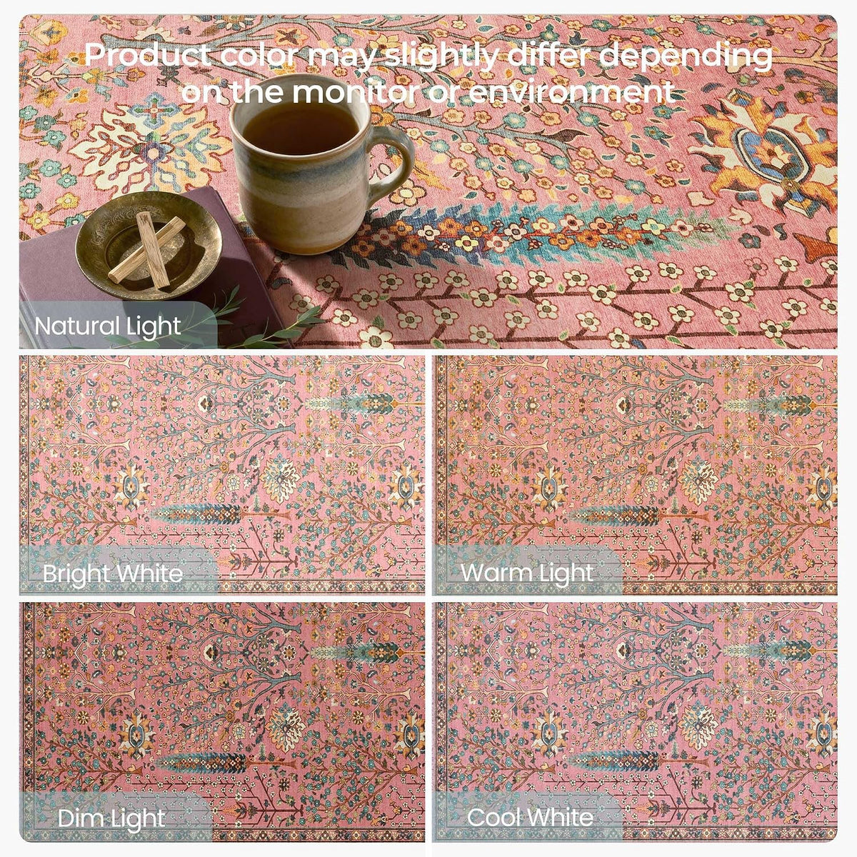 8x10 Vintage Floral Botanical Washable Printed Area Rug Rosette Pink