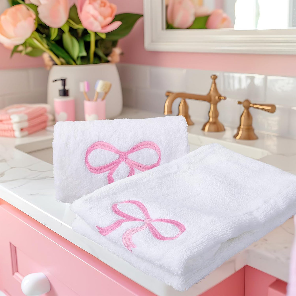 2 Pack Bow Hand Towels Valentine's Day Cotton Bath Towel Pink Bowknot Embroidered Dish Towel for Kitchen Bathroom Hand Drying Cleaning, 29.5 x 13.7 Inch