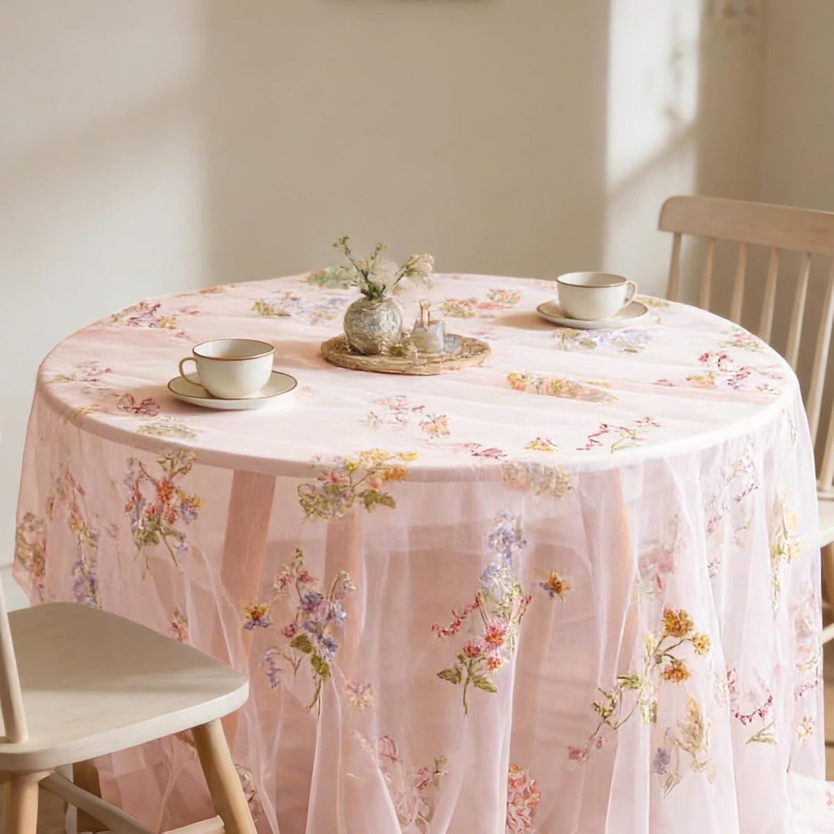1pcs Pink Florals Table Runner Embroidery Gauze 10FT Daisy Seasonal Tulle Birthday Wedding Holiday Kitchen Dining Table Decor for Home Party