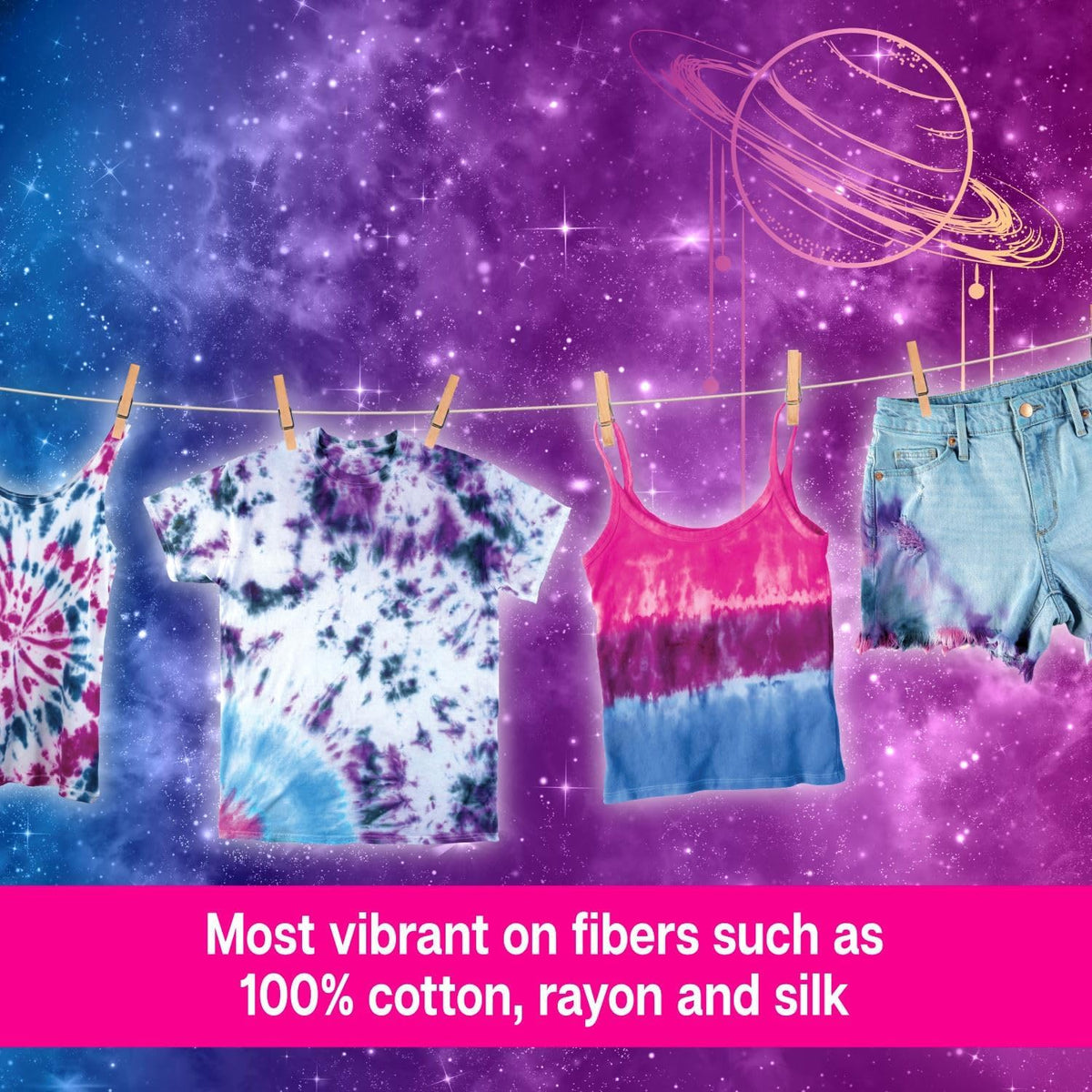 One-Step Tie-Dye Kit Celestial, Large Party Activity, Permanent Fabric Dye, Vibrant Galaxy Color Palette: Purple, Pink, Blue, Black, Easy Clean-up, 8 Fun Techniques Included, 8 Full Size Bottles