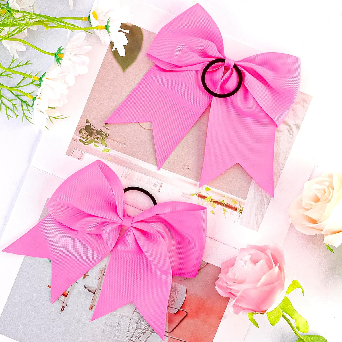 2 Pack Hot Pink Jumbo Bow Hair Ties - Big Cheer Bows for Ponytails, Pigtails & Cute Hairstyles, Elastic Hair Bands for Girls