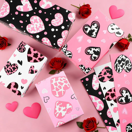 12 Sheets Cow Heart Wrapping Paper, Pink Black Heart Gift Wrap Gift Packing Paper for Cowgirl Themed Farm Animal Party Birthday Wedding Girls Women, 20 x 28 Inch