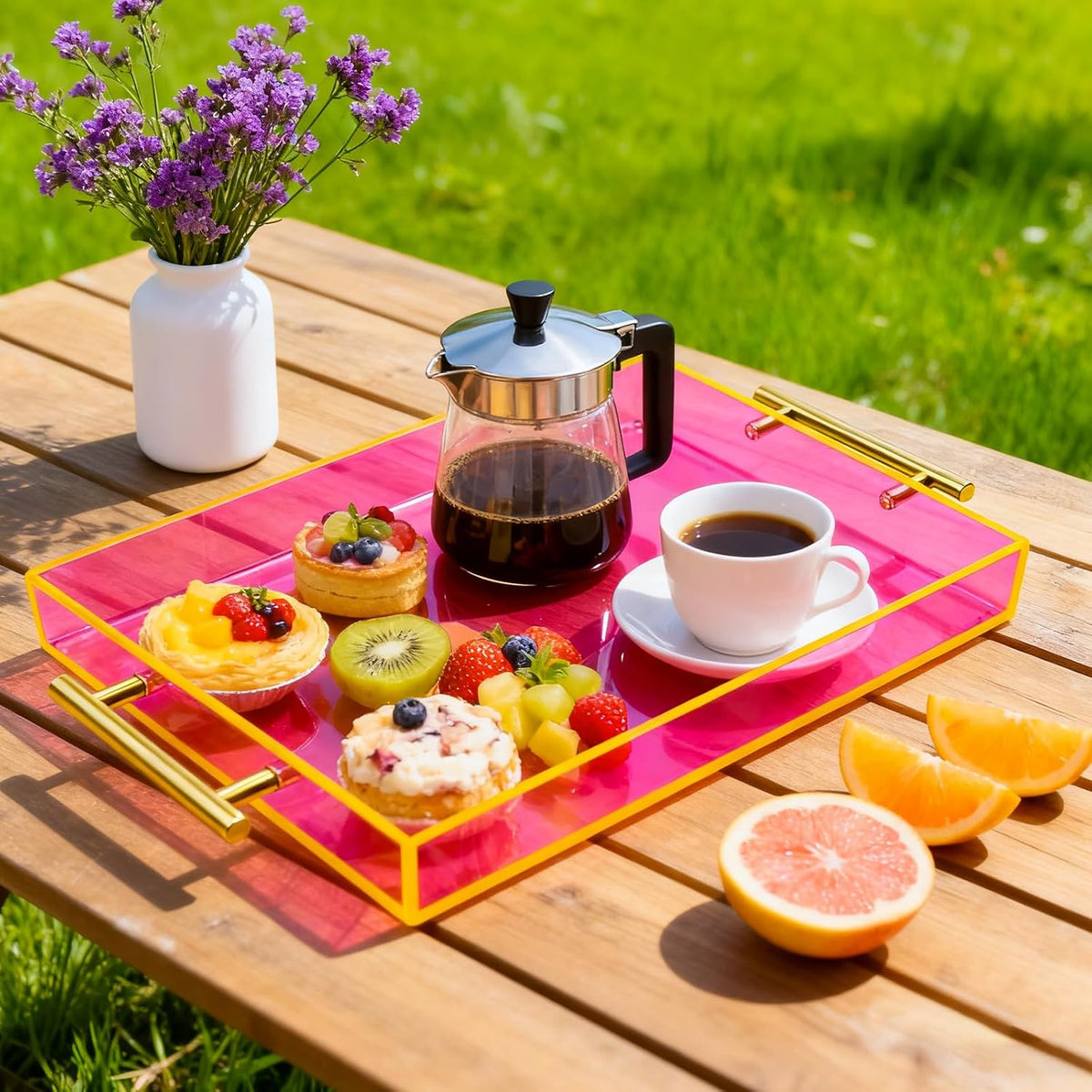Acrylic Serving Tray with Handles Large Ottoman Food Decorative Tray for Coffee Table Tea Fruit Snack Kitchen Bar Platter, 17x13’’, Neon Pink