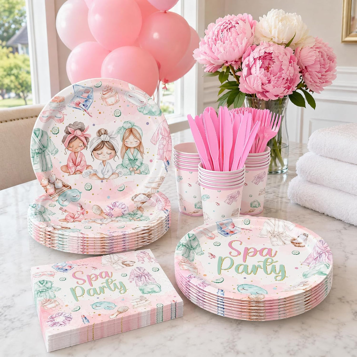 120PCS Spa Party Supplies Pink Makeup Themed Birthday Party Decorations for Girls Child Kids Slumber Sleepover Pajama Tableware Set Plates Napkins Cups Forks Knives for 20 Guests