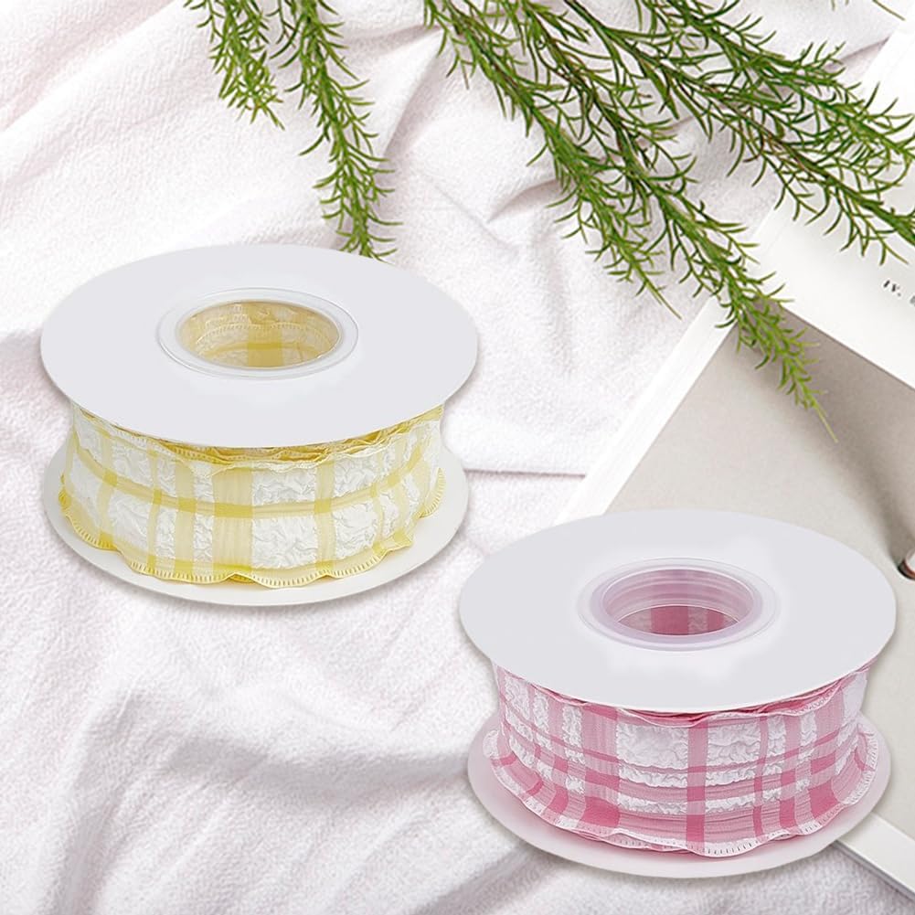 20 Yards 1.5 Inch Pink Yellow Gingham Plaid Ribbon for Sewing