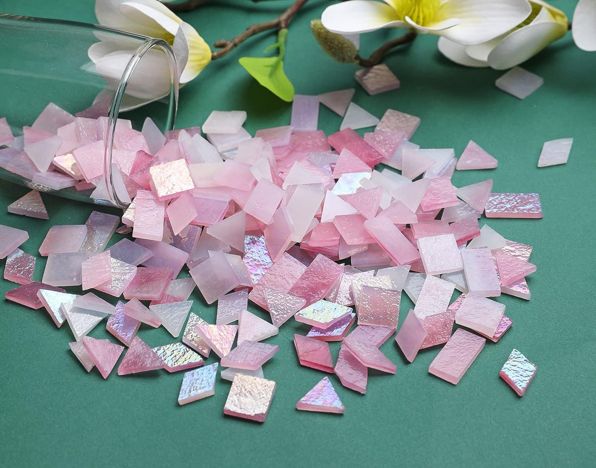 Lanyani Iridescent Stained Glass Mosaic Tiles for Art Craft, 200 Pieces, 4 Shapes Mixed,Opaque Pink