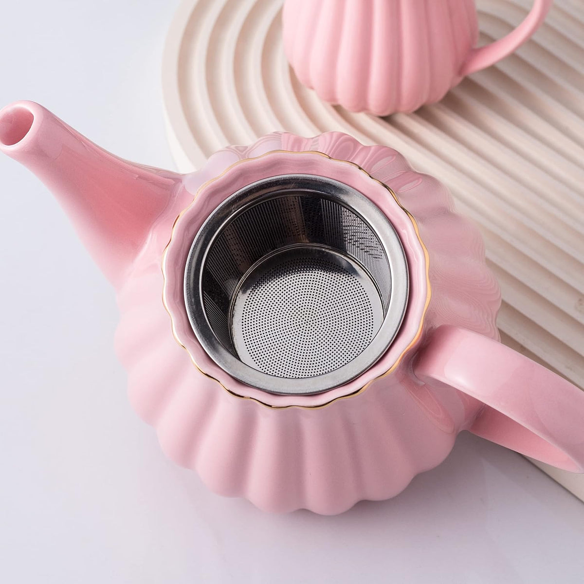 Fine China Pink Coffee Cup/Teacup Set, 7 OZ Cups& Saucer Service for 4, with Teapot-Sugar Bowl-Cream Pitcher Teaspoons and tea strainer for Tea/Coffee, 17-Pieces (TW Full set)