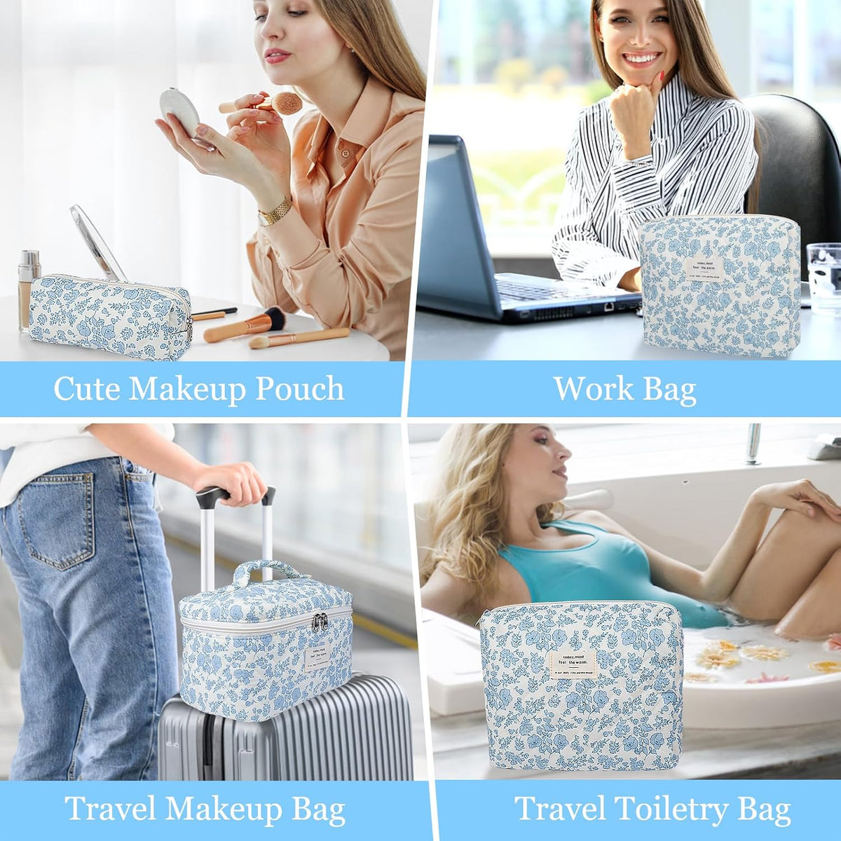 3pc Makeup Bag Set, Quilted Makeup Bag Set, Large Floral Cosmetic Bag for Women, Cute Cotton Makeup Bags, Flower Travel Toiletry Organizer Bag (Pink Crushed flower)
