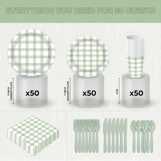 350 PCS Sage Green Gingham Party Supplies,Pink Gingham Birthday Party Set with 9" & 7" Gingham Plates, Napkins, Forks, Knives, Spoons,Perfect for Baby Shower Decorations,Wedding, Outdoor Picnic
